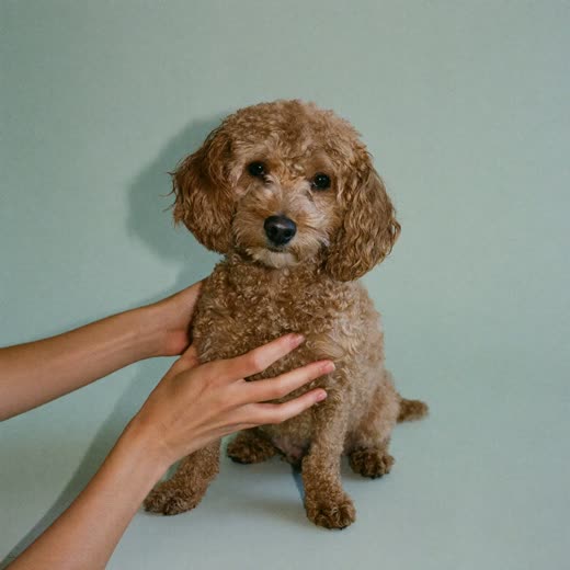 A small curly-coated dog being washed and dried